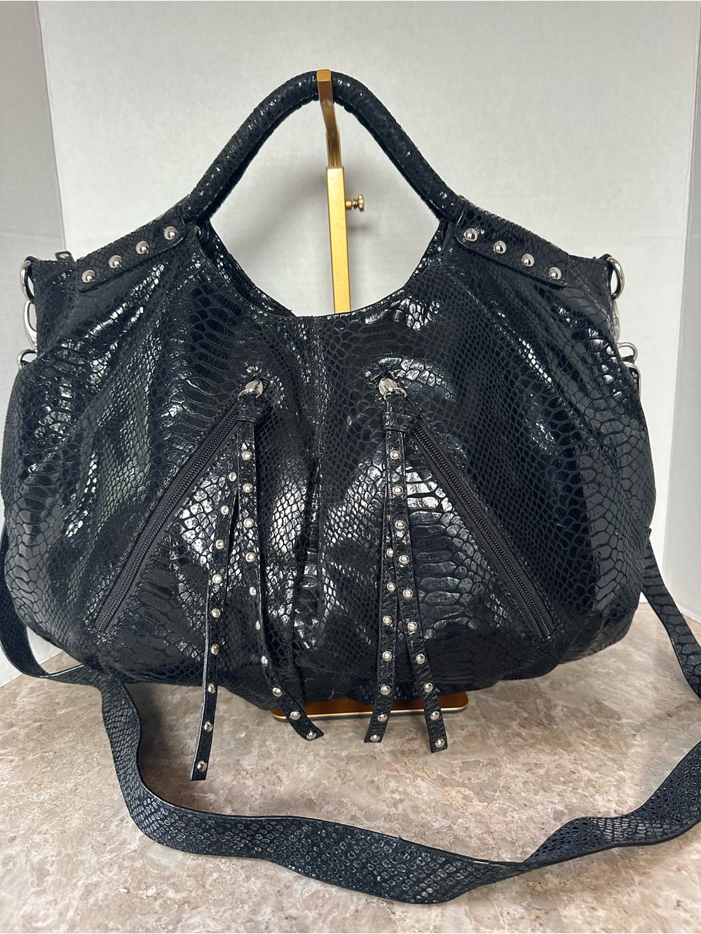 Vintage Danier Black Snakeskin Embossed Genuine Leather Satchel Bag Edgy Glam